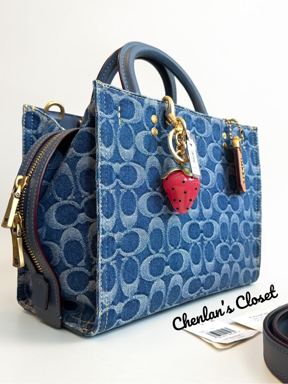 Like New! Coach Set Coach Rogue 25 Denim Signature Satchel with Strawberry Charm